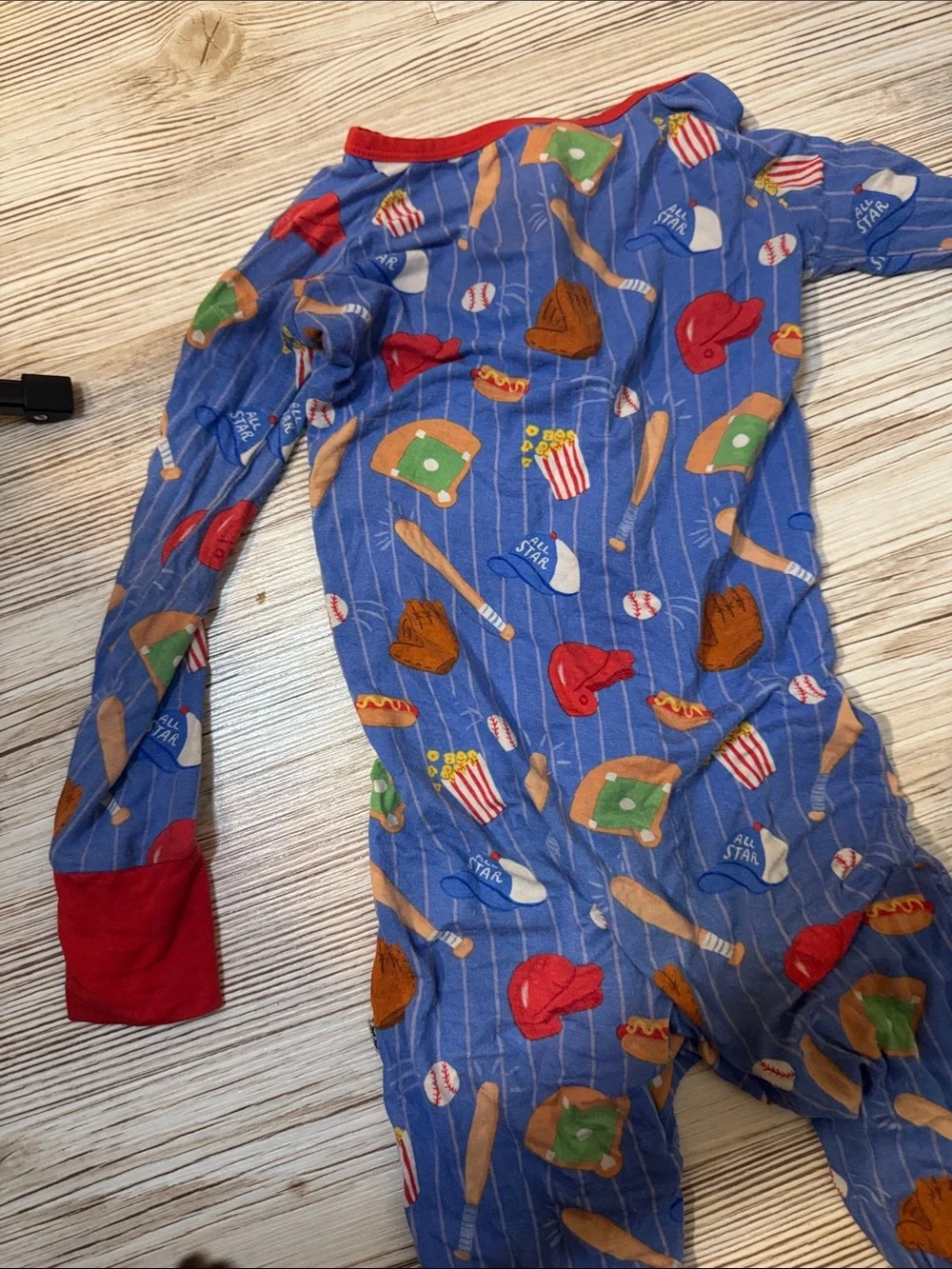 Little Sleepies Blue Footed Baseball-Print One-Piece Pajamas with Red Trim